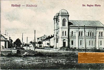 Bild:Radautz, o.D., Die Synagoge auf einer Ansichtskarte aus der Vorkriegszeit, Privatsammlung Peter Elbau