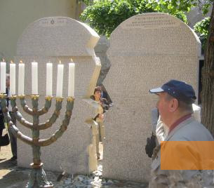 Image: Nagykanizsa, 2007, Menorah and memorial plaque, Holocaust Memorials Album of alexandria42 alias Celia Male on Flickr.com