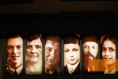 Image: Berlin, 2005, Large portraits of six victims of the Holocaust at the Memorial's Information Centre, Stiftung Denkmal