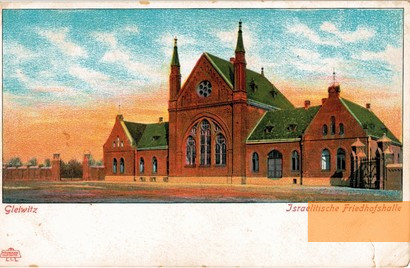 Bild:Gleiwitz, 1903, Postkarte von der damals neu eröffneten Zeremonianhalle des jüdischen Friedhofs, Dom Pamięci Żydów Górnośląskich