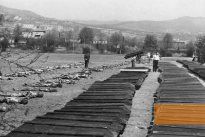 Bild:Leitmeritz, 1946, Exhumierung des größten Massengrabes in der Nähe des ehemaligen Konzentrationslagers, Archiv Památníku Terezín