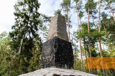 Bild:Wachniwka, 2019, Alter Obelisk aus der Nachkriegszeit am Massengrab im Wald, Stiftung Denkmal, Anna Voitenko