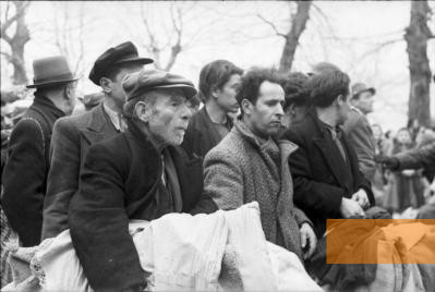 Bild:Ioannina, 1944, Gruppe jüdischer Männer Ioanninas kurz vor ihrem Abtransport nach Larissa, Bundesarchiv, Bild 101I-179-1575-09, Wetzel
