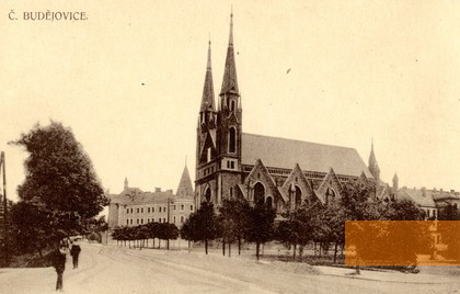 Bild:Budweis, um 1900, Die 1888 eingeweihte neogotische Synagoge, Jihočeské muzeum v Českých Budějovicích