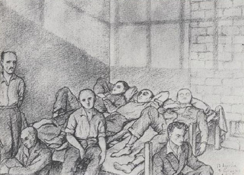 Rom, 1943/44, Zeichnung des Gefangenen Michele Multedo von Zelle und Mithäftlingen, Museo storico della liberazione