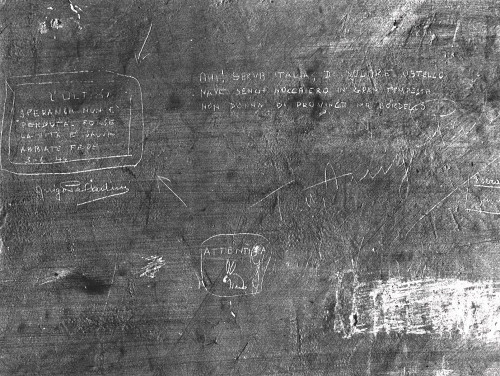Rom, o.D., Graffiti von Gefangenen an der Wand einer Zelle, Museo storico della liberazione