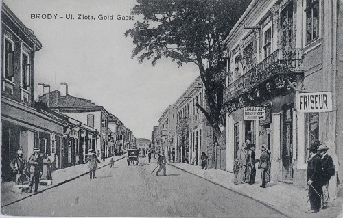 Brody, um 1900, Postkarte mit der Goldgasse, Biblioteka Narodowa Warszawa
