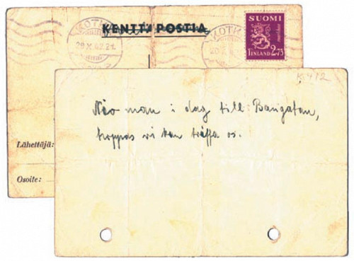 Helsinki, 1942: Postkarte von W. Cohen, in der er mitteilte, dass acht Emigranten in Auslieferungshaft waren. Jüdische Gemeinde Helsinki