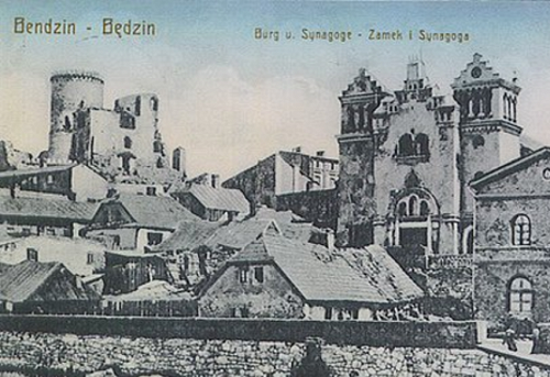 Bendzin, um 1900, Anblick der Synagoge unterhalb der Burg, gemeinfrei