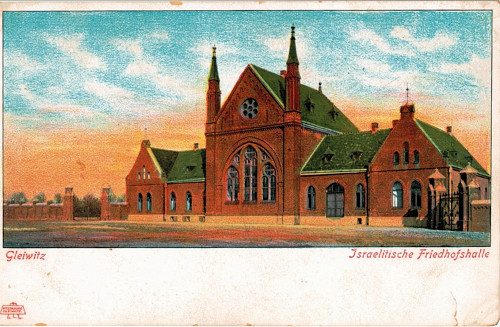 Gleiwitz, 1903, Postkarte von der damals neu eröffneten Zeremonianhalle des jüdischen Friedhofs, Dom Pamięci Żydów Górnośląskich