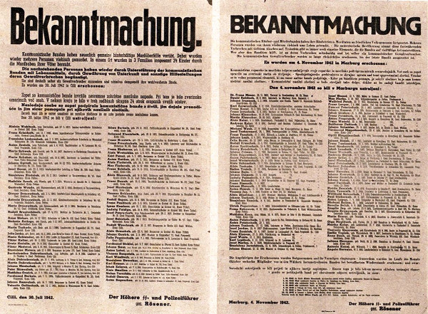 Maribor, 1942, Bekanntmachung zur Hinrichtung von Partisanen in Maribor, Wikimedia Commons / Ipos