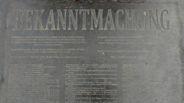 Maribor, o.D., In das NOB-Denkmal eingravierte Bekanntmachung auf Deutsch, Spomenik Database