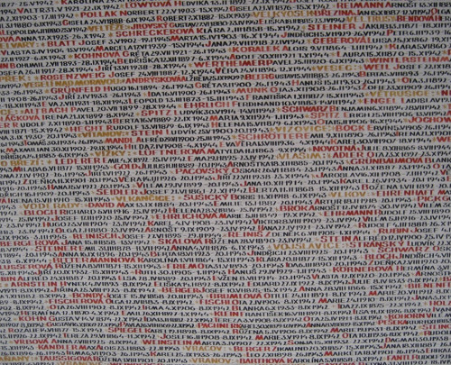 Prag, 2008, Namen von Holocaustopfern aus Böhmen und Mähren an der Wand der Pinkassynagoge, Rachel Young