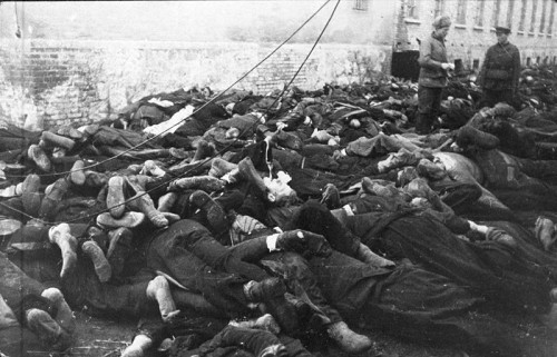 Sonnenburg, 1945, Sowjetische Soldaten und Opfer eines Massakers, das ein SS-Kommando in der Nacht zum 31. Januar an 800 Häftlingen verübt hatte, Bundesarchiv, Bild 183-E0406-0022-035, k.A.